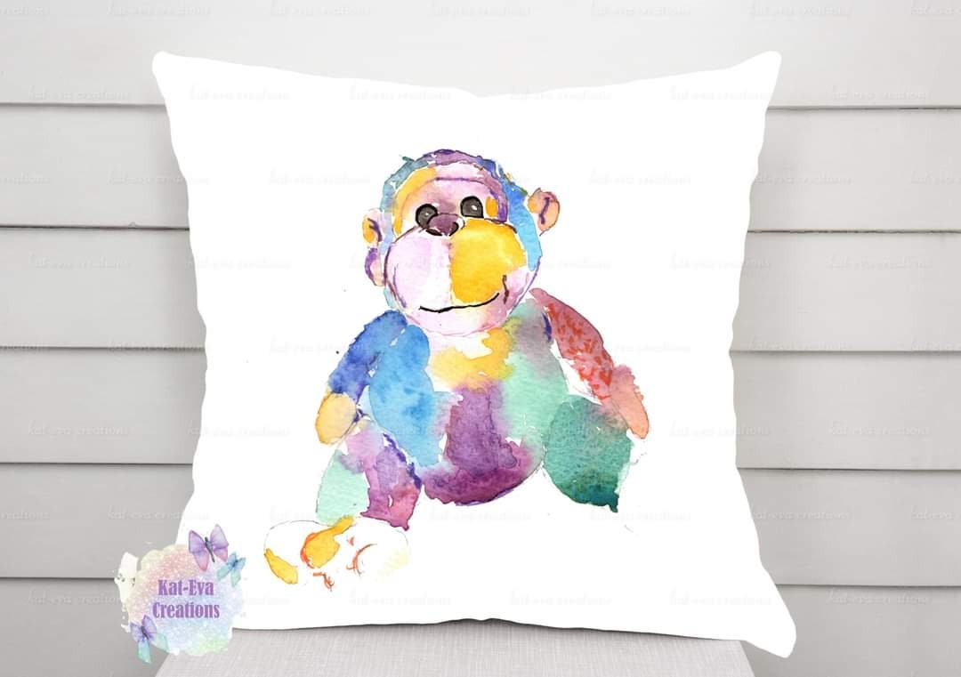 Beautiful watercolour monkey chimpanzee cushion. can be personalised