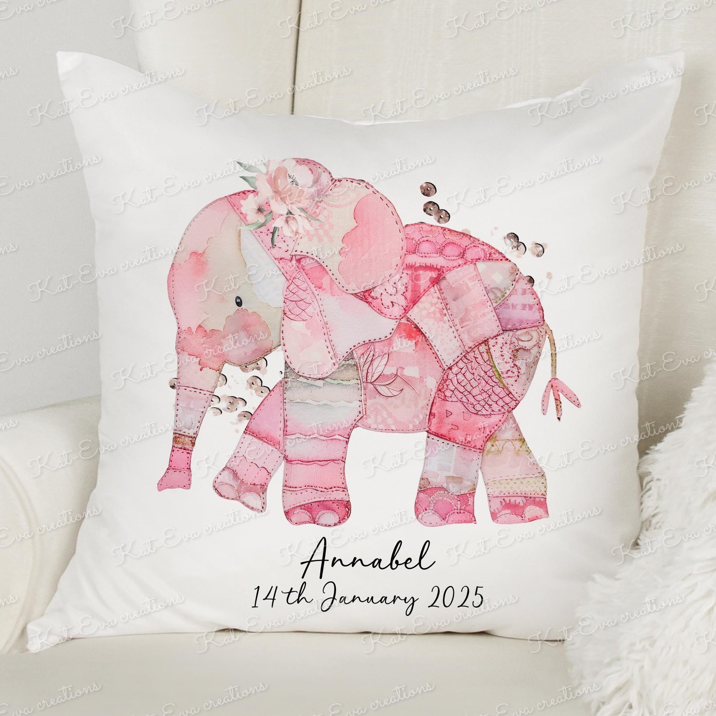 Patchwork elephant cushion. Personalised congratulations pillow. choice of elephant colour. newborn baby girl, baby boy. Birthday gift