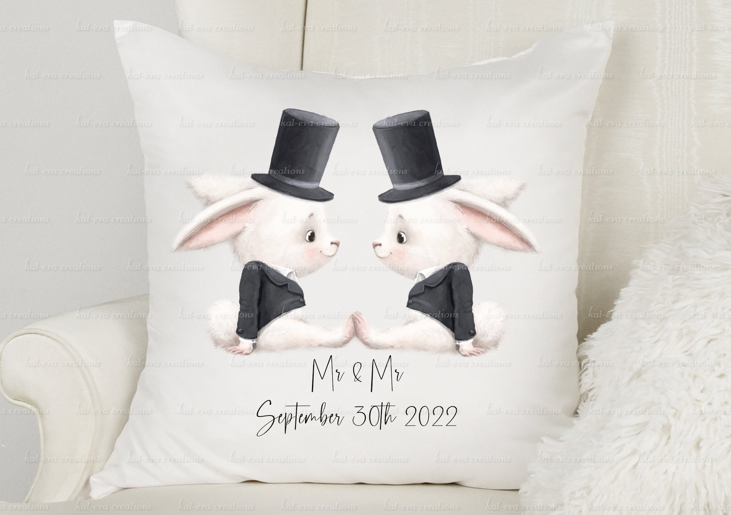 personalised Wedding cushion. Rabbit bride and groom pillow. Ideal wedding, engagement or anniversary gift. mr & mrs, mr and mr, mrs and mrs