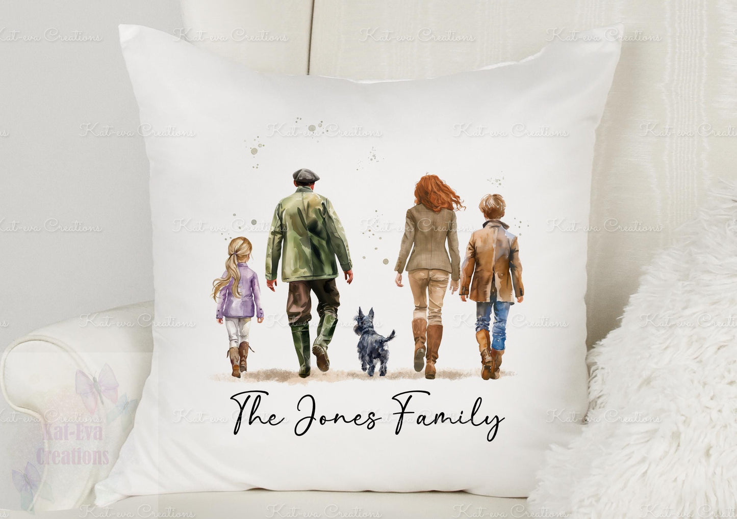 Dog and owner cushion. Country walk family pillow, personalised dog cushion. Lots of different dogs available