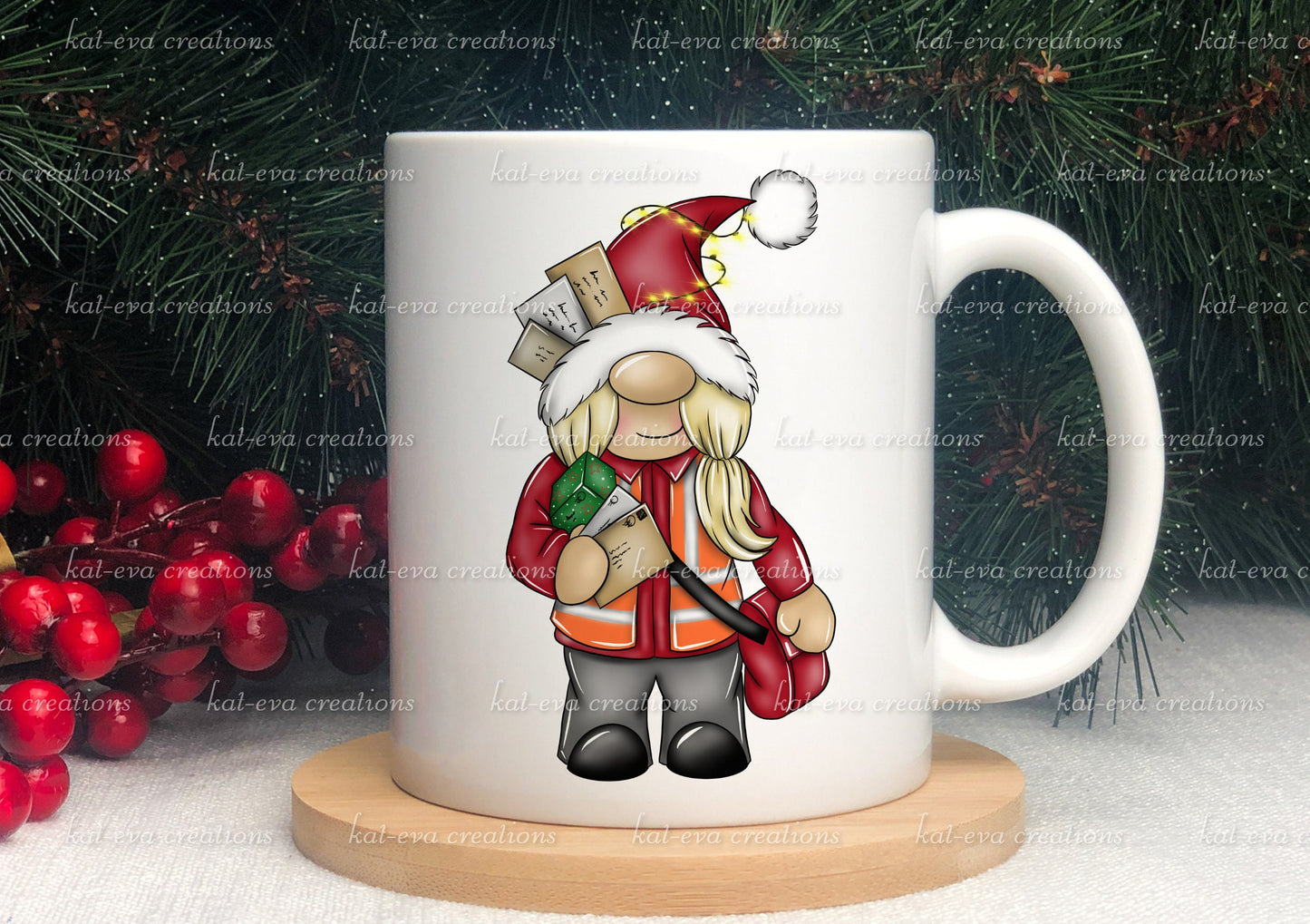 Christmas post lady mug. can be personalised. christmas gnome / gonk postman post lady