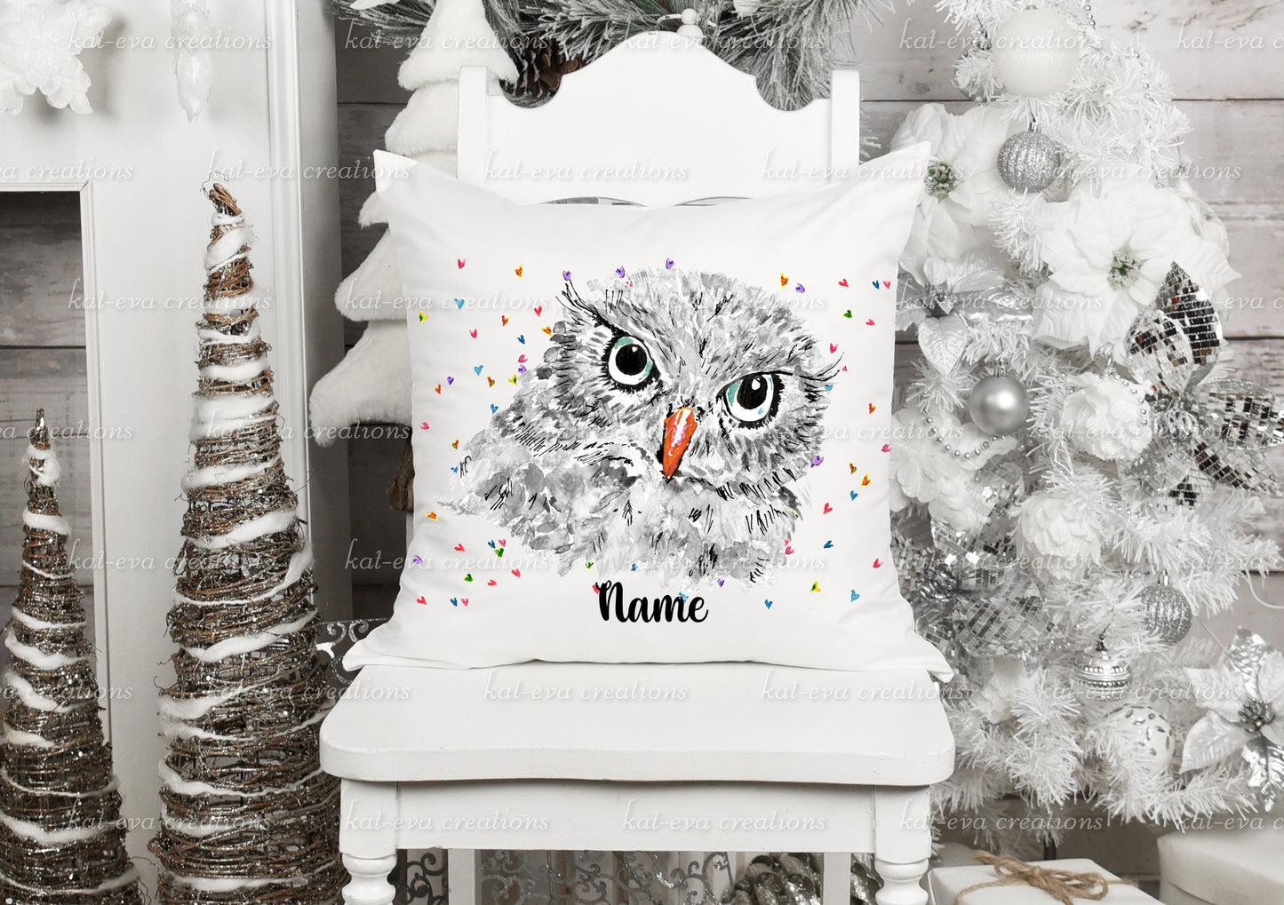 watercolour Owl cushion, can be personalised, Different backgrounds and christmas accessories available. ideal christmas decor or xmas gift