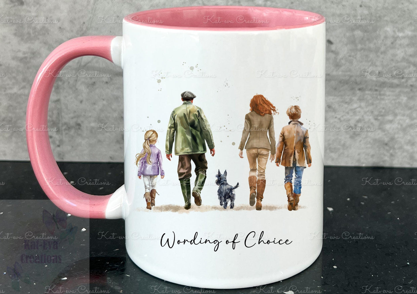 Dog and owner mug. personalised dog mug. Country walk family cup. Lots of different dogs available