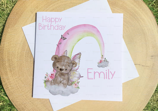 Personalised fairy birthday card. Bear fairy card and badge. birthday card and badge