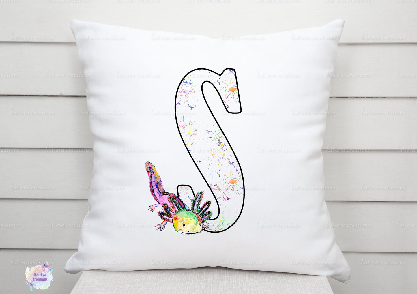Watercolour axolotl initial cushion. can be personalised.