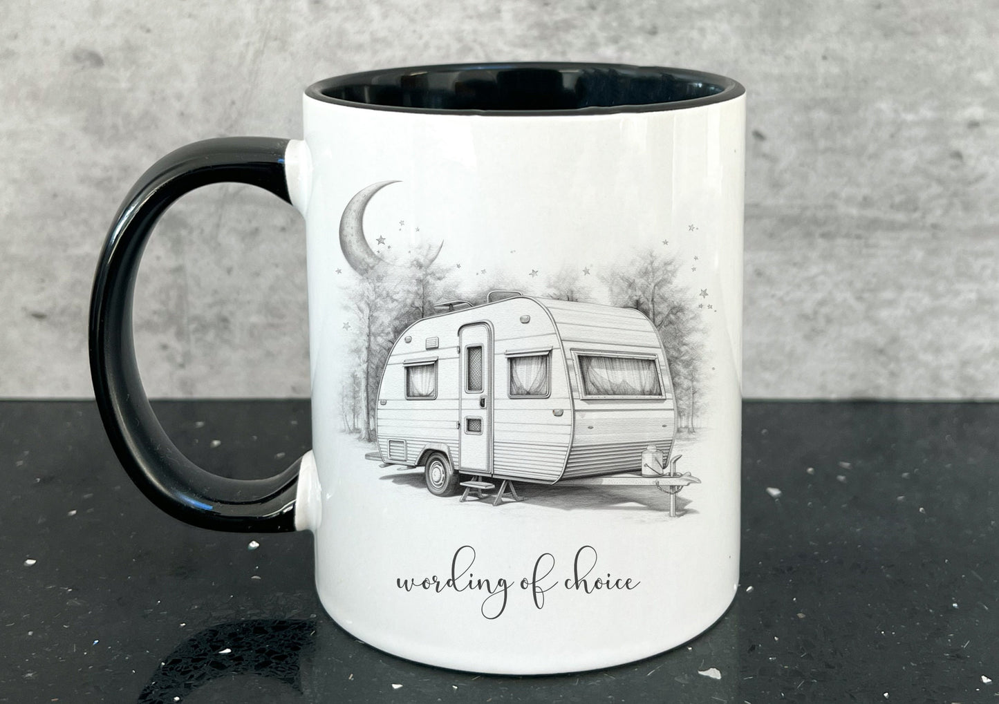 caravan mug. personalised caravan cup. Camping and caravanning gift. summer holiday present
