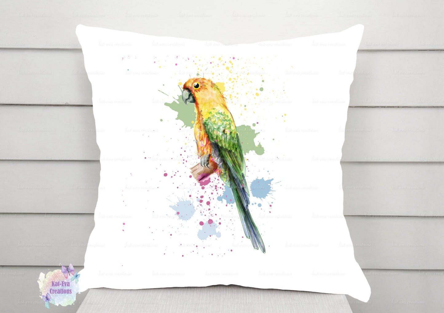 Personalised budgie, parrot cushion. Watercolour birds cushion