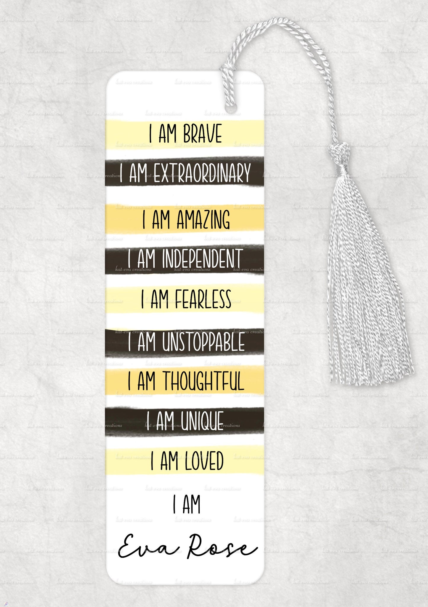 positive affirmation personalised bookmark. positivity, brave, extraordinary, amazing, independent, fearless, thoughtful, unique, loved