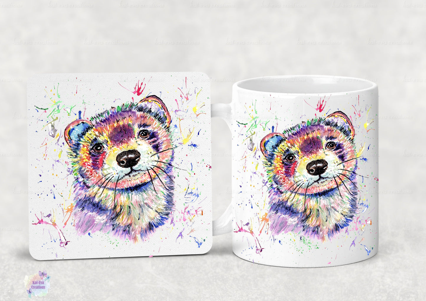 Watercolour ferret mug, available with or without coaster. can be personalised.