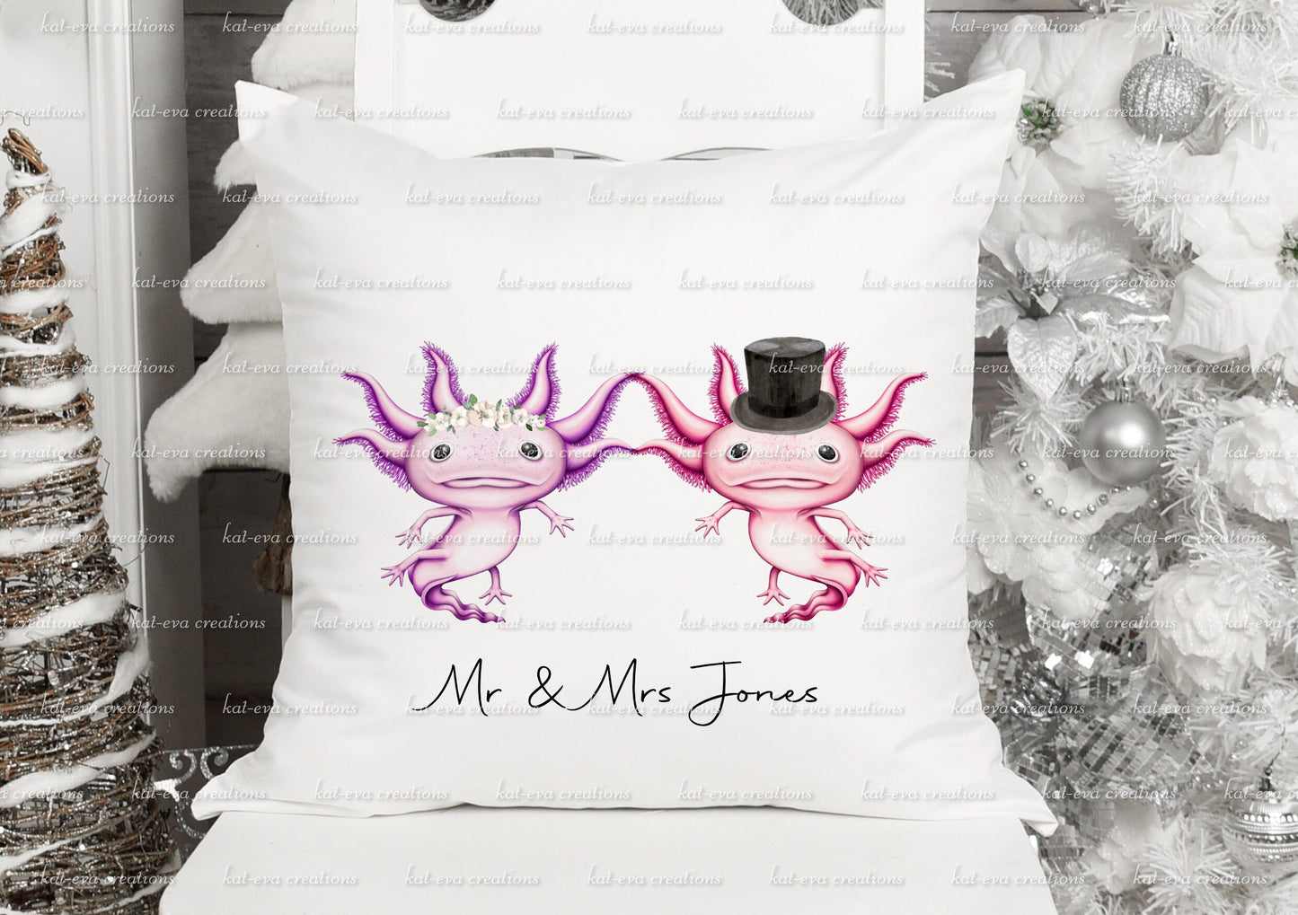 personalised axolotl wedding cushion
