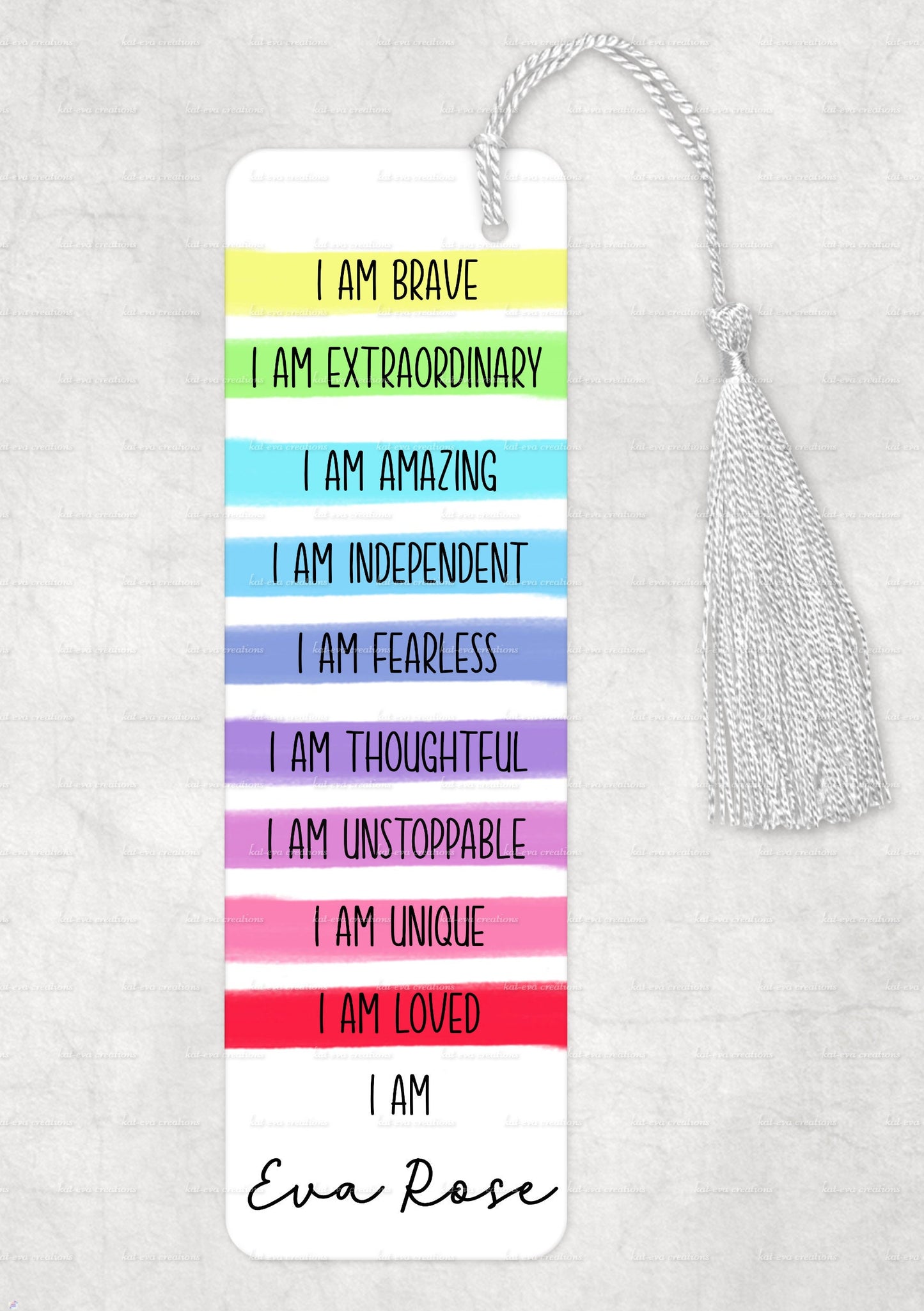 positive affirmation personalised bookmark. positivity, brave, extraordinary, amazing, independent, fearless, thoughtful, unique, loved