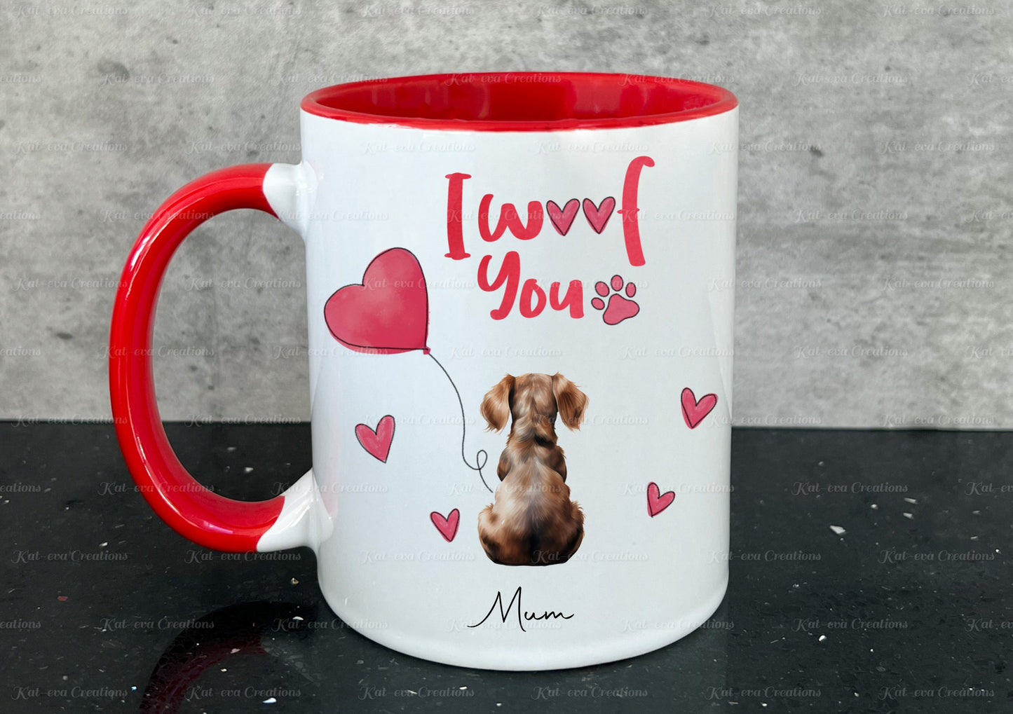 Dog mug. personalised I woof you dog cup or cup and coaster set. Lots of different dogs available