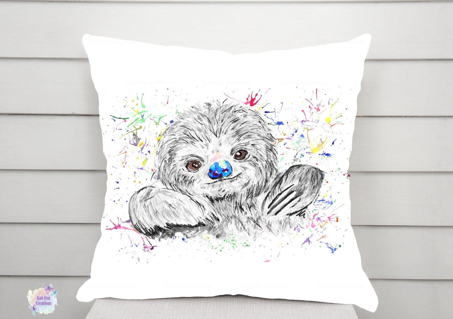 Sloth cushion. Personalised sloth cushion. Black and white with a hint of colour. Ideal birthday or Christmas present