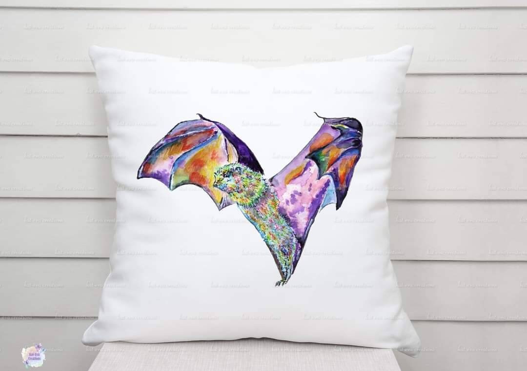 Watercolour bat cushion. can be personalised.
