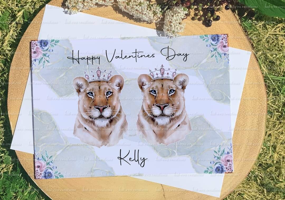 Personalised lion couple card. Ideal for valentine's Day, weddings, engagement or anniversaries