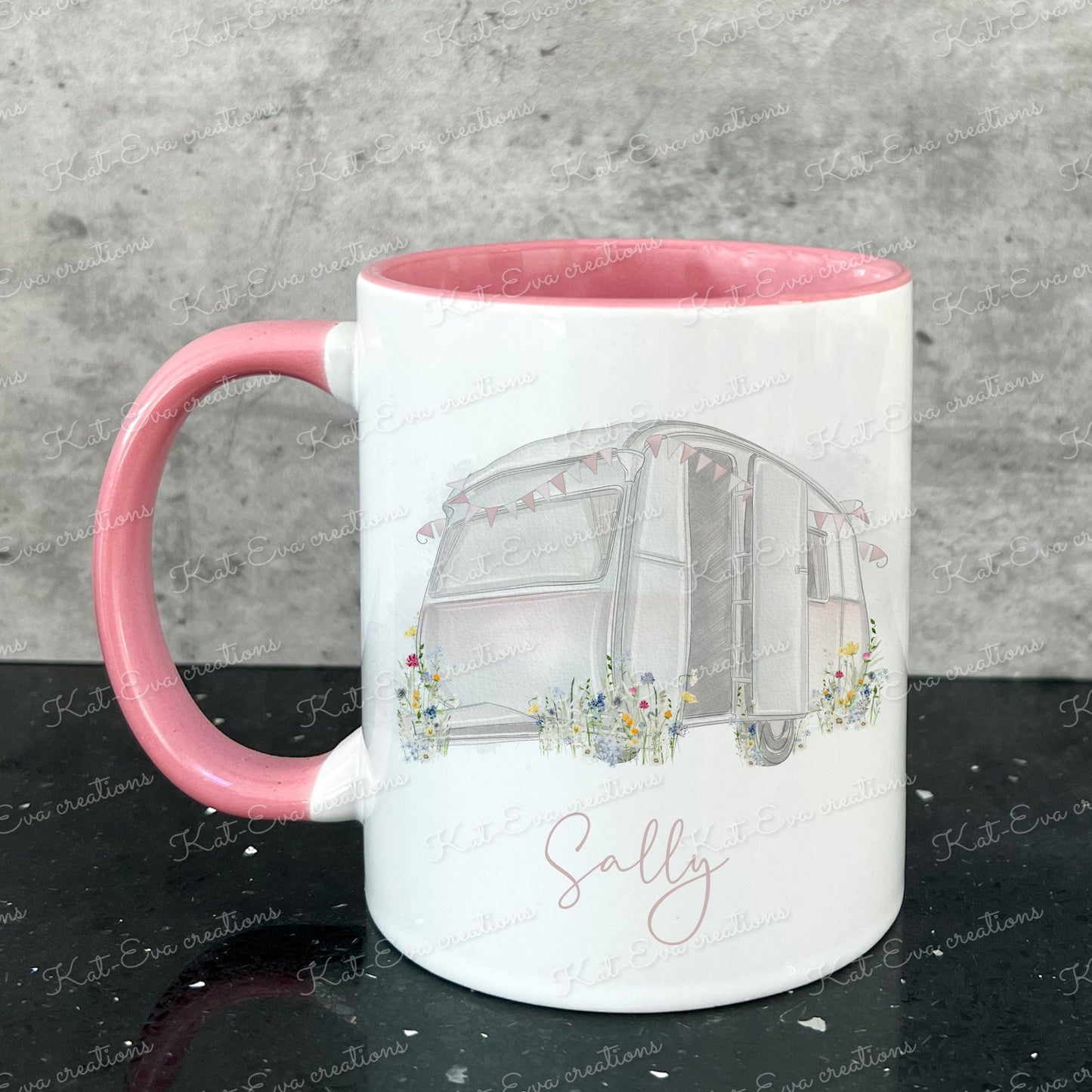 caravan mug. personalised wild flower caravan cup. Ideal birthday, valentines or retirement gift. Mothers fathers day present. colour choice