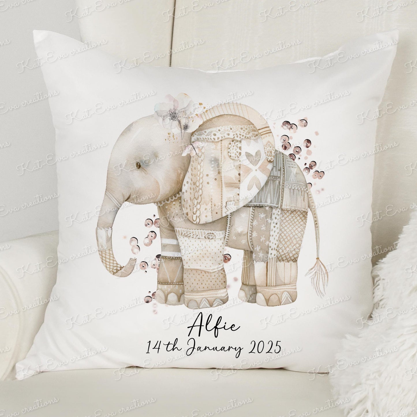 Patchwork elephant cushion. Personalised congratulations pillow. choice of elephant colour. newborn baby girl, baby boy. Birthday gift