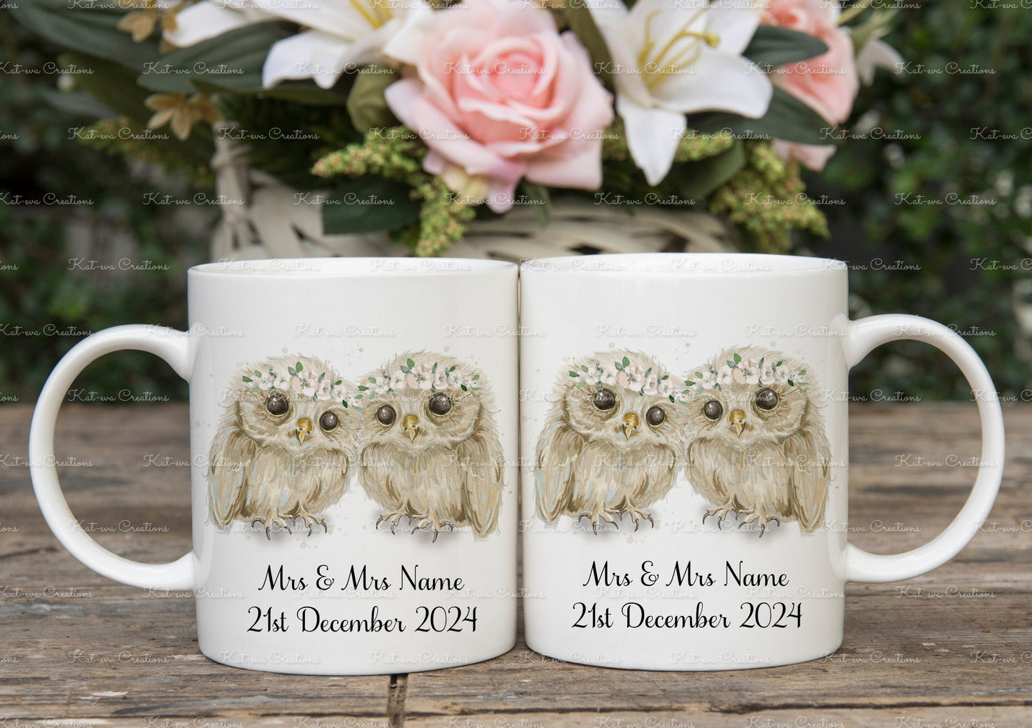 Wedding gift, Personalised Wedding mug set. Owl cups. Bride and Groom Owl present