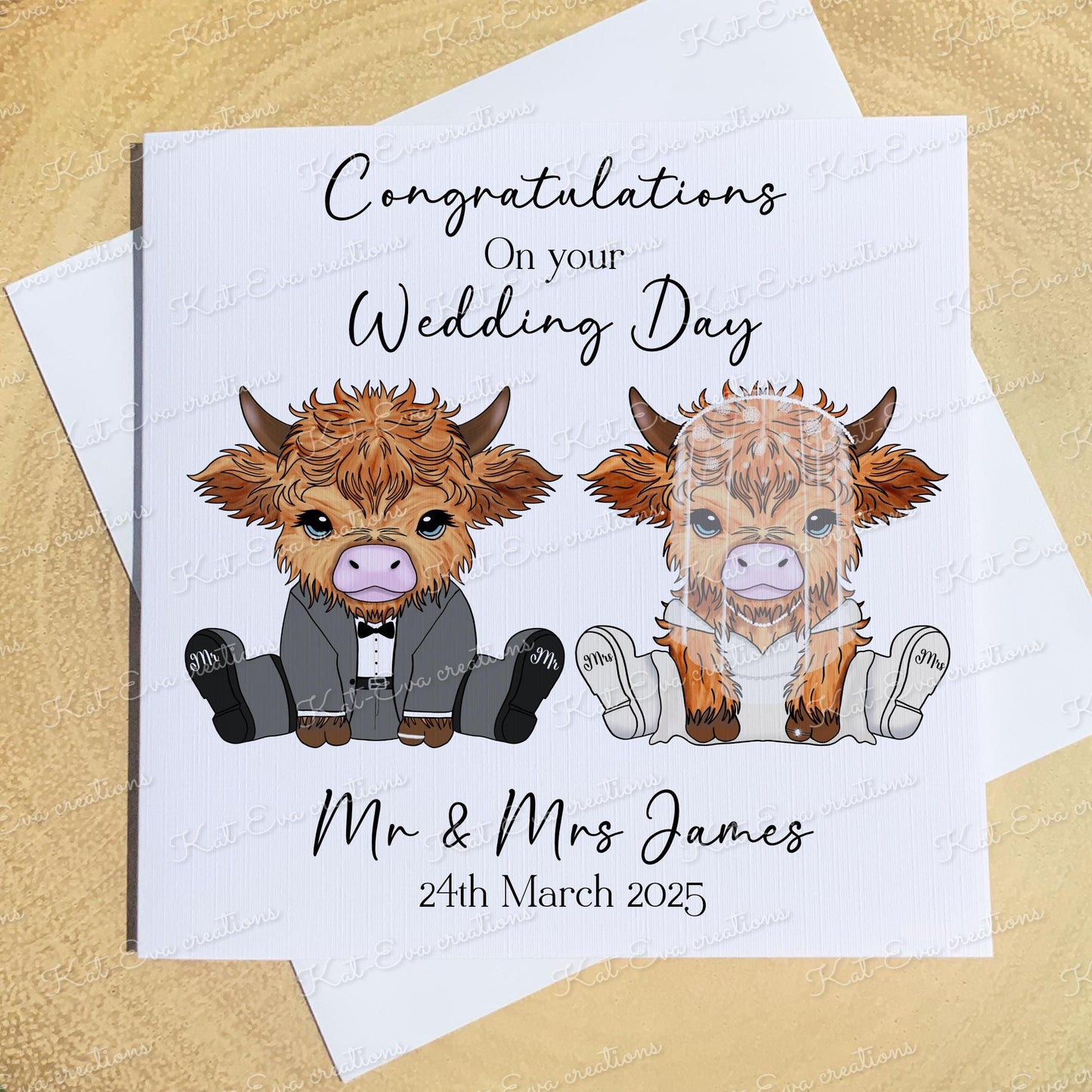 Highland cow Wedding card. Personalised card. Engagement, wedding or anniversary card. Highland cow congratulations