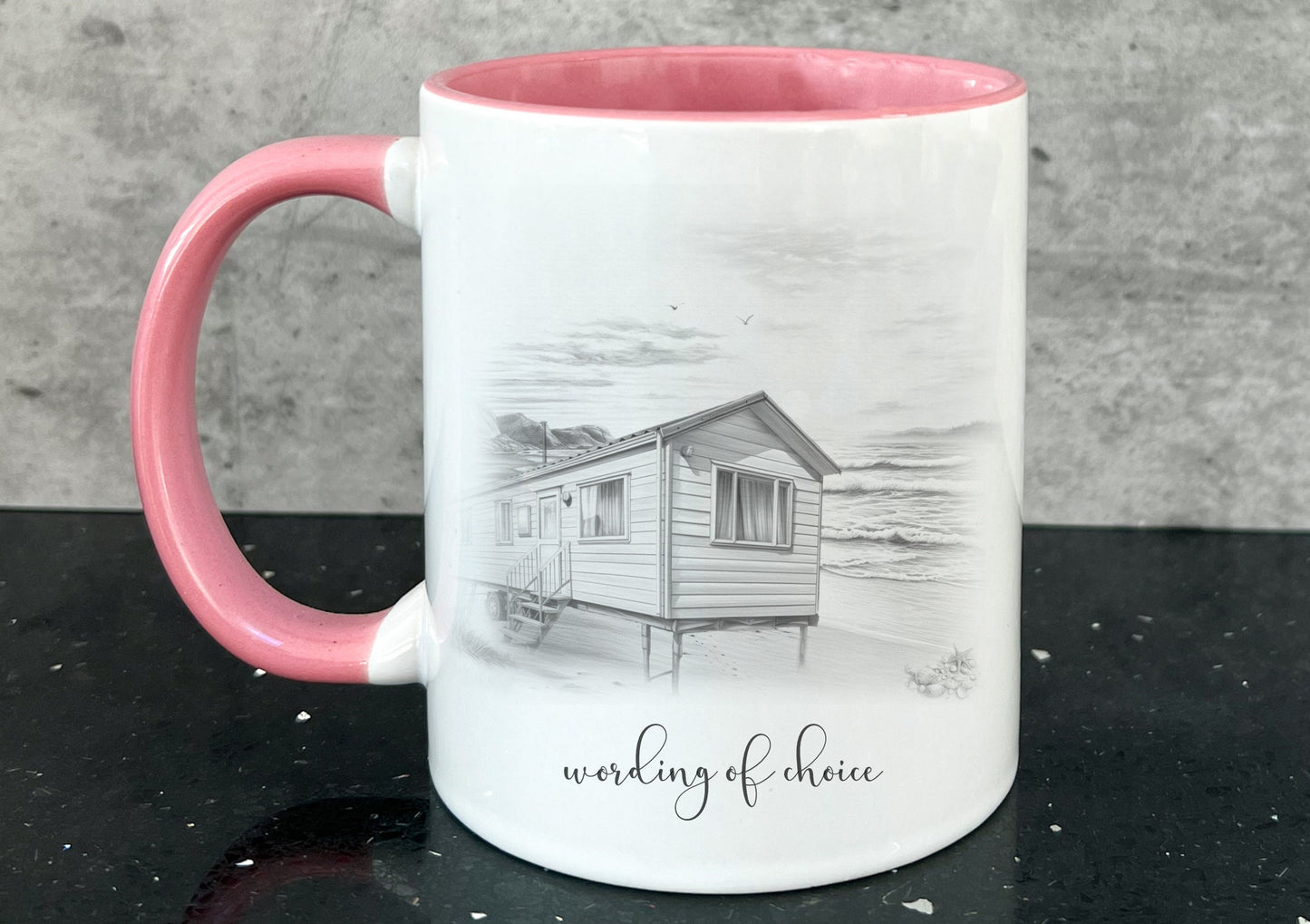 static caravan mug. personalised static caravan cup. Camping and caravanning gift. summer holiday present