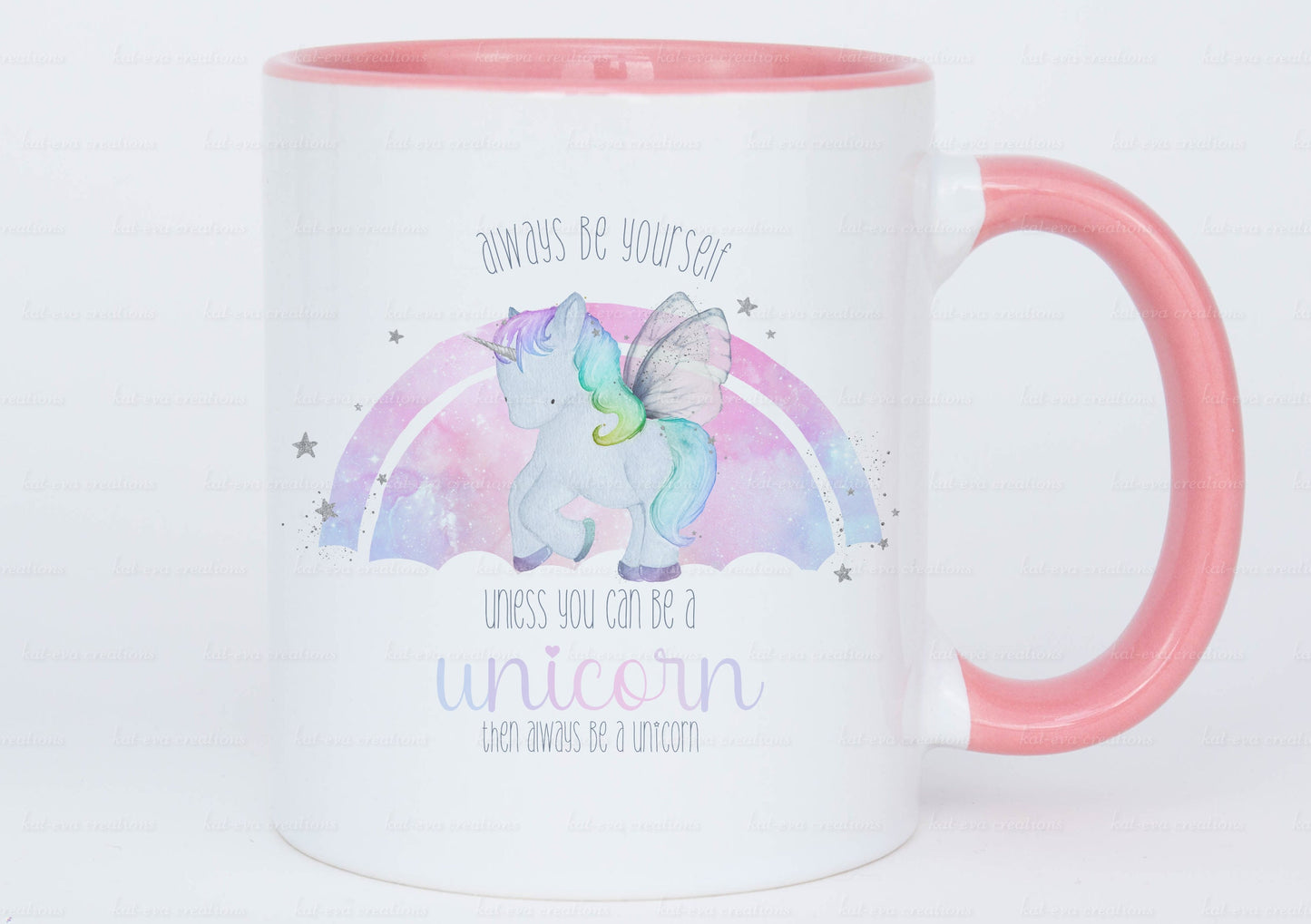 Rainbow unicorn mug. Can be personalised with wording of your choice. ideal for birthday, christmas or back to school