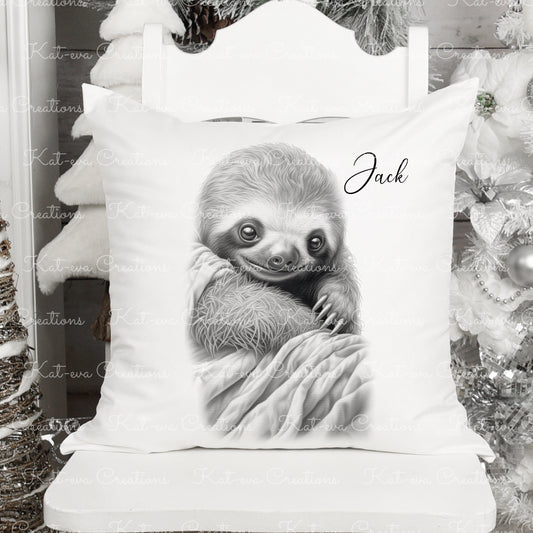 baby sloth cushion. personalised cute sloth pillow. ideal christmas, secret santa, stocking filler, or birthday gift