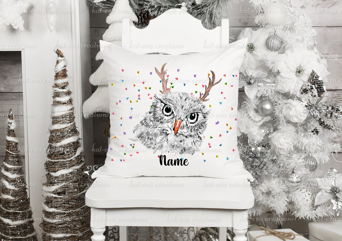 watercolour Owl cushion, can be personalised, Different backgrounds and christmas accessories available. ideal christmas decor or xmas gift