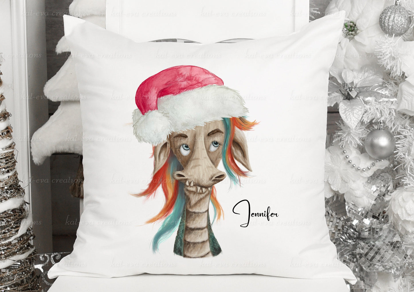 personalised dragon christmas cushion, available with different hair colours. ideal birthday or christmas gift