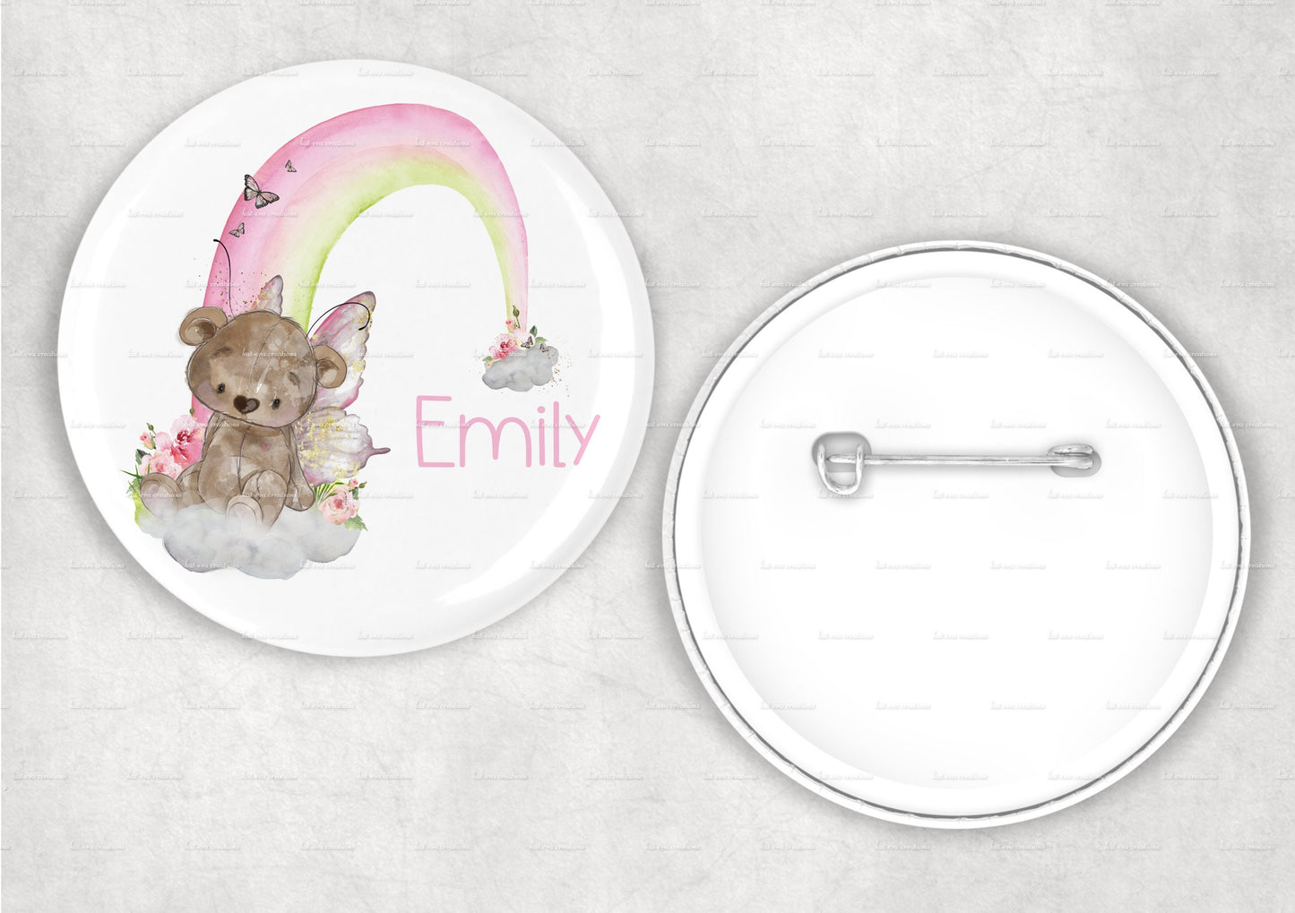 Personalised fairy birthday card. Bear fairy card and badge. birthday card and badge