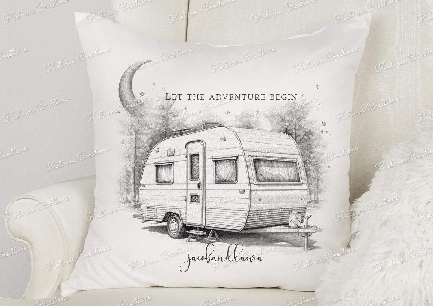 caravan cushion. personalised vintage caravan pillow. Camping and caravanning gift. Summer holiday present christmas or birthday gift