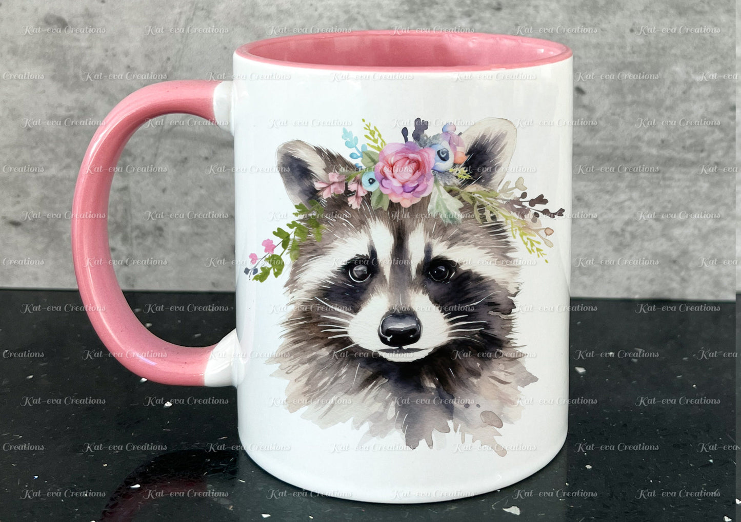 personalised racoon mug. Gorgeous Floral raccoon Cup. Ideal for birthday, secret santa, stocking filler or Christmas present