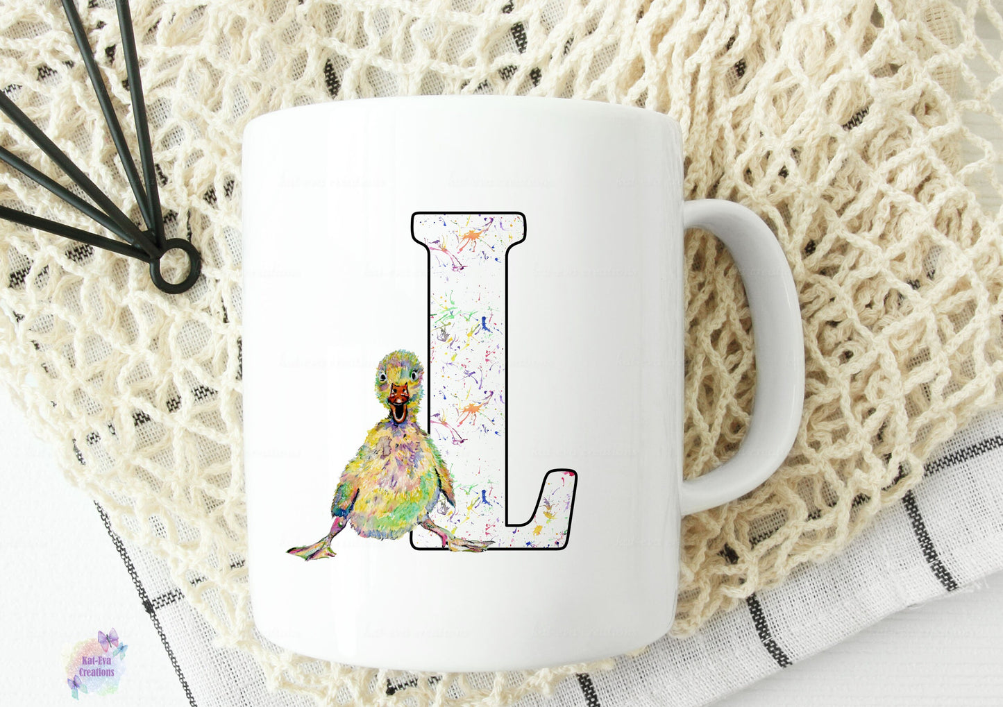 Watercolour duck / duckling initial mug, can be personalised.