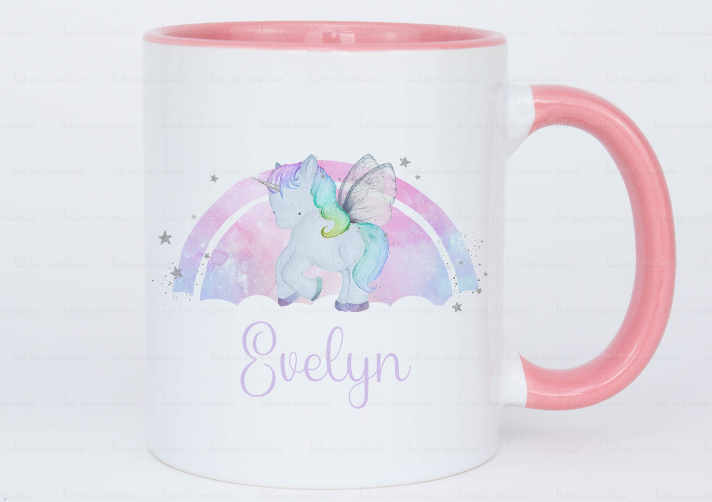 Rainbow unicorn mug. Can be personalised with wording of your choice. ideal for birthday, christmas or back to school