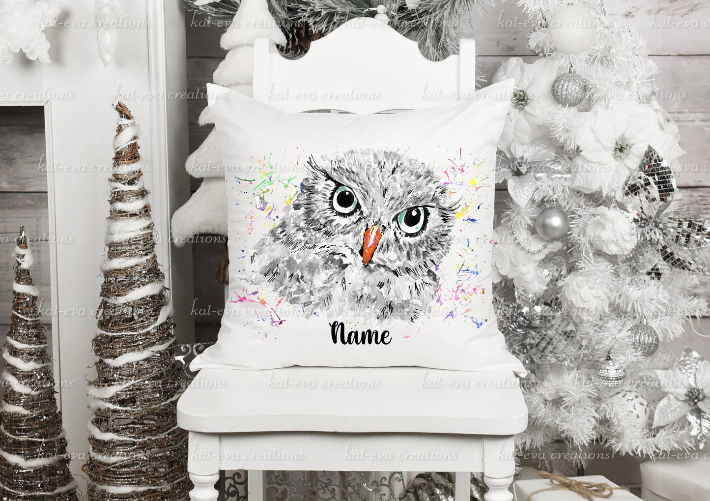 watercolour Owl cushion, can be personalised, Different backgrounds and christmas accessories available. ideal christmas decor or xmas gift