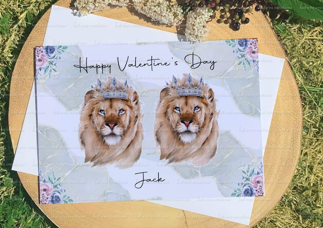 Personalised lion couple card. Ideal for valentine's Day, weddings, engagement or anniversaries