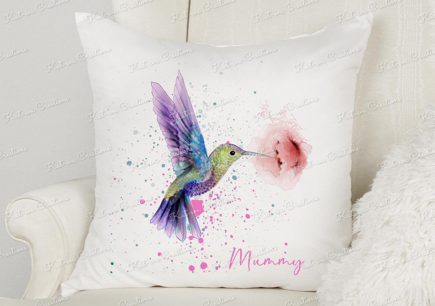 hummingbird cushion. personalised hummingbird pillow. birthday gift. secret santa or christmas present