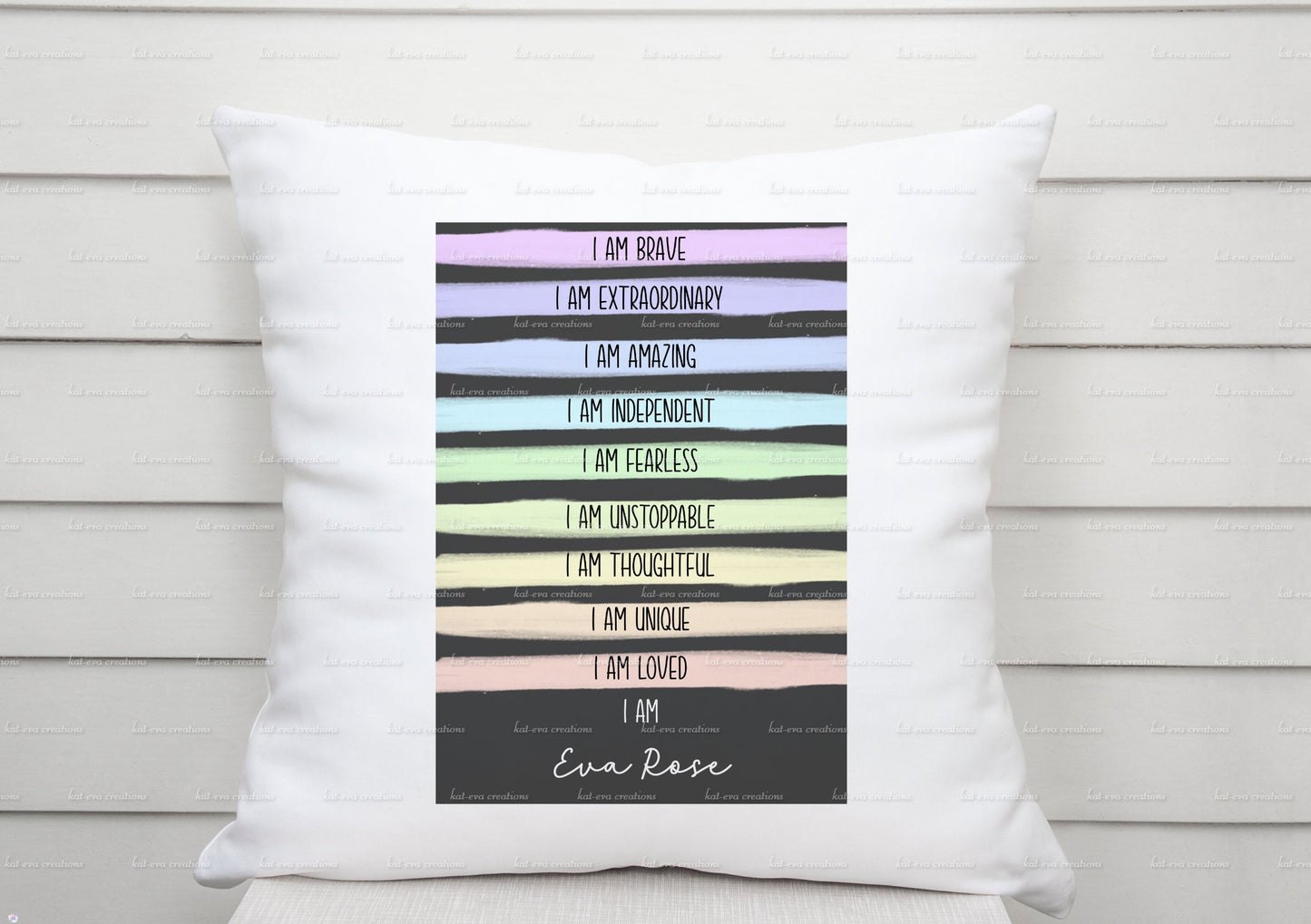 positive affirmation personalised cushion. positivity, brave, extraordinary, amazing, independent, fearless, thoughtful, unique, loved