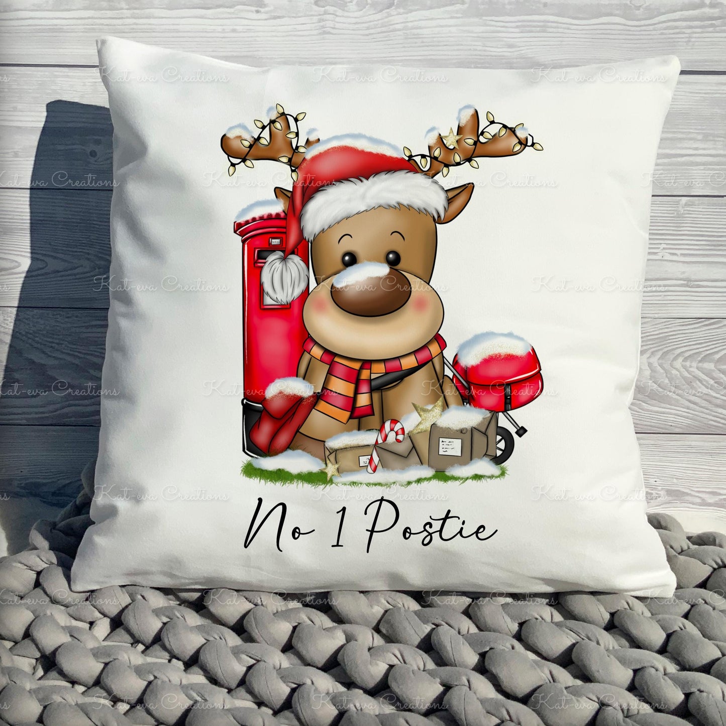 postman reindeer cushion. personalised postlady / postie cushion. ideal christmas or secret santa gift or as a thank you present