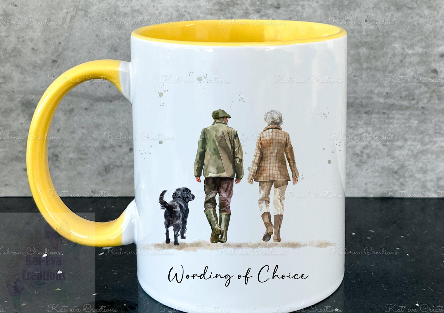 Dog and owner mug. personalised dog mug. Country walk family cup. Lots of different dogs available