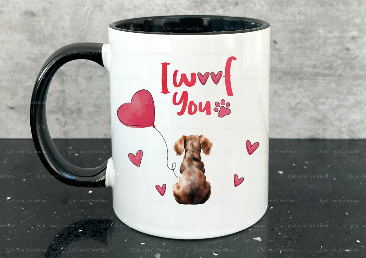 Dog mug. personalised I woof you dog cup or cup and coaster set. Lots of different dogs available