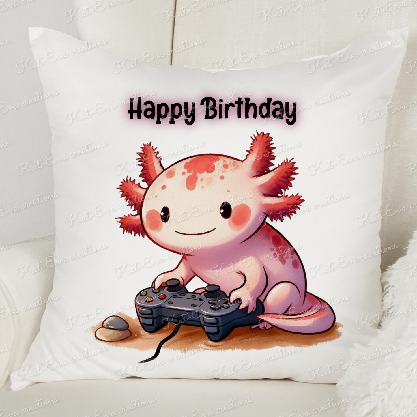 Gaming axolotl cushion. Personalised axolotl cushion. gamer axolotl. Birthday gift. Good luck present. Easter or fathers day gift
