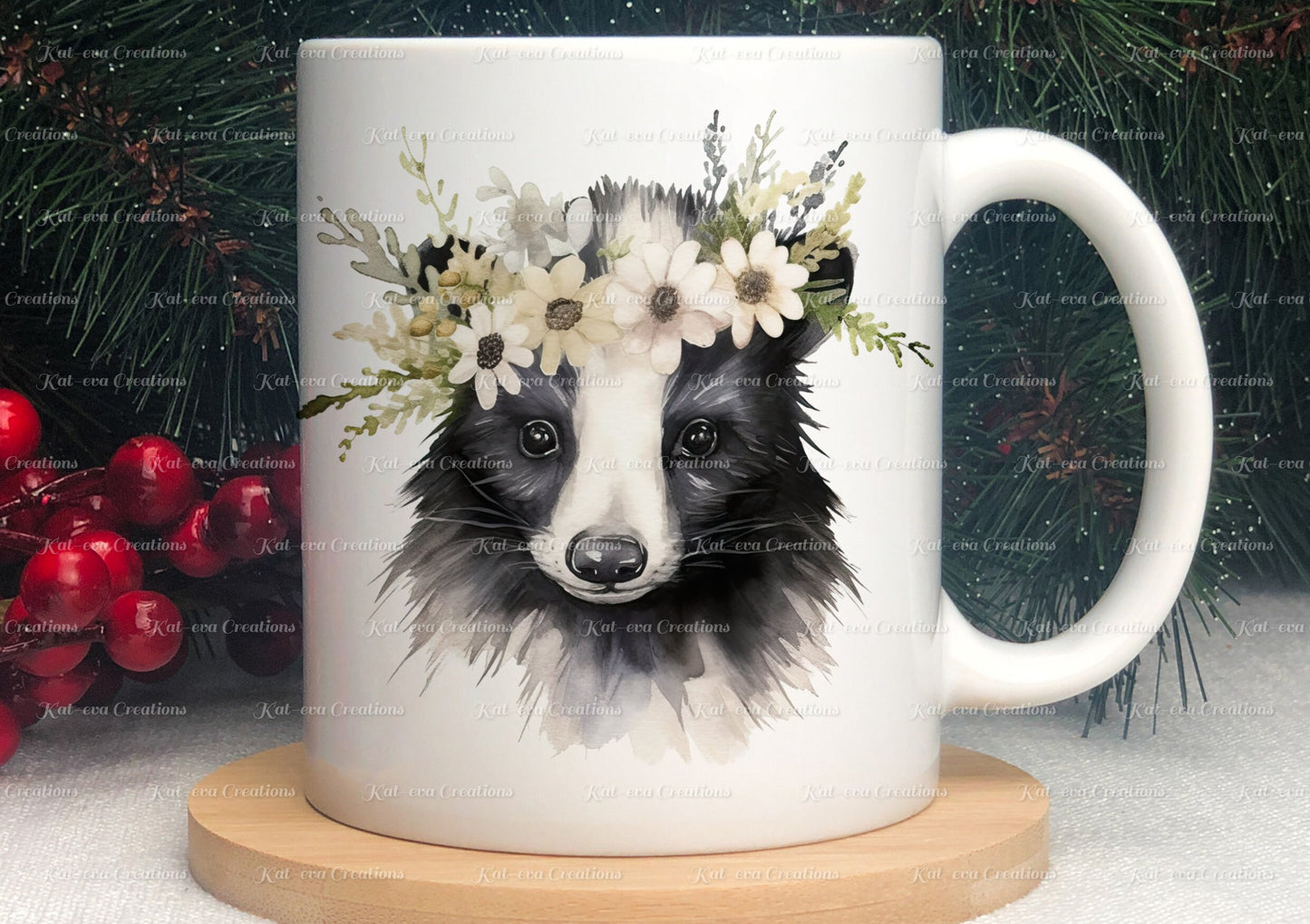 personalised skunk mug. Gorgeous Flower skunk Cup. Ideal for birthday, secret santa, stocking filler or Christmas present