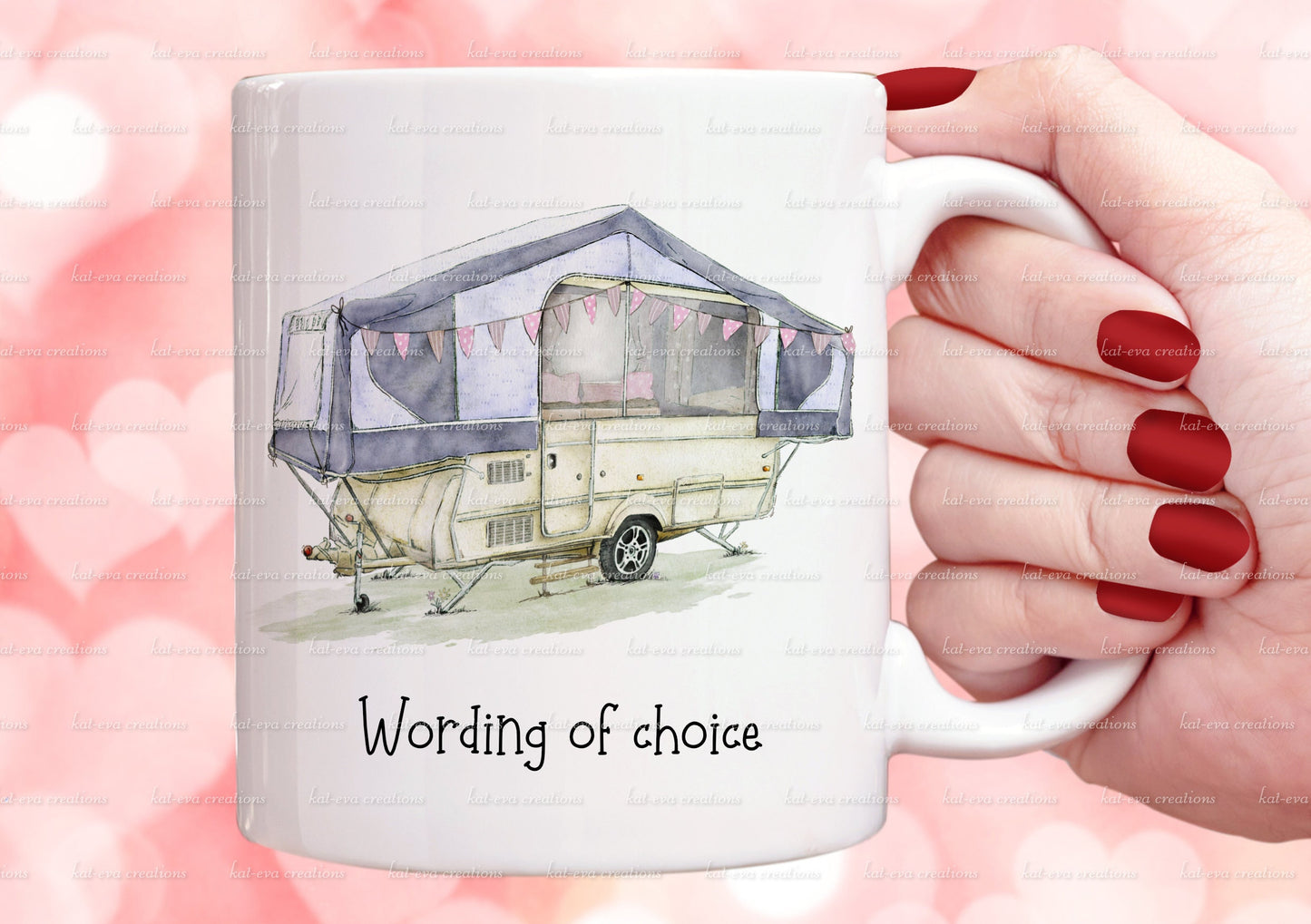trailer tent mug. personalised vintage trailer tent cup. choice of colours
