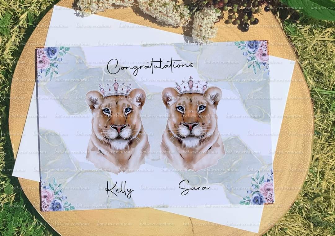 Personalised lion couple card. Ideal for valentine's Day, weddings, engagement or anniversaries