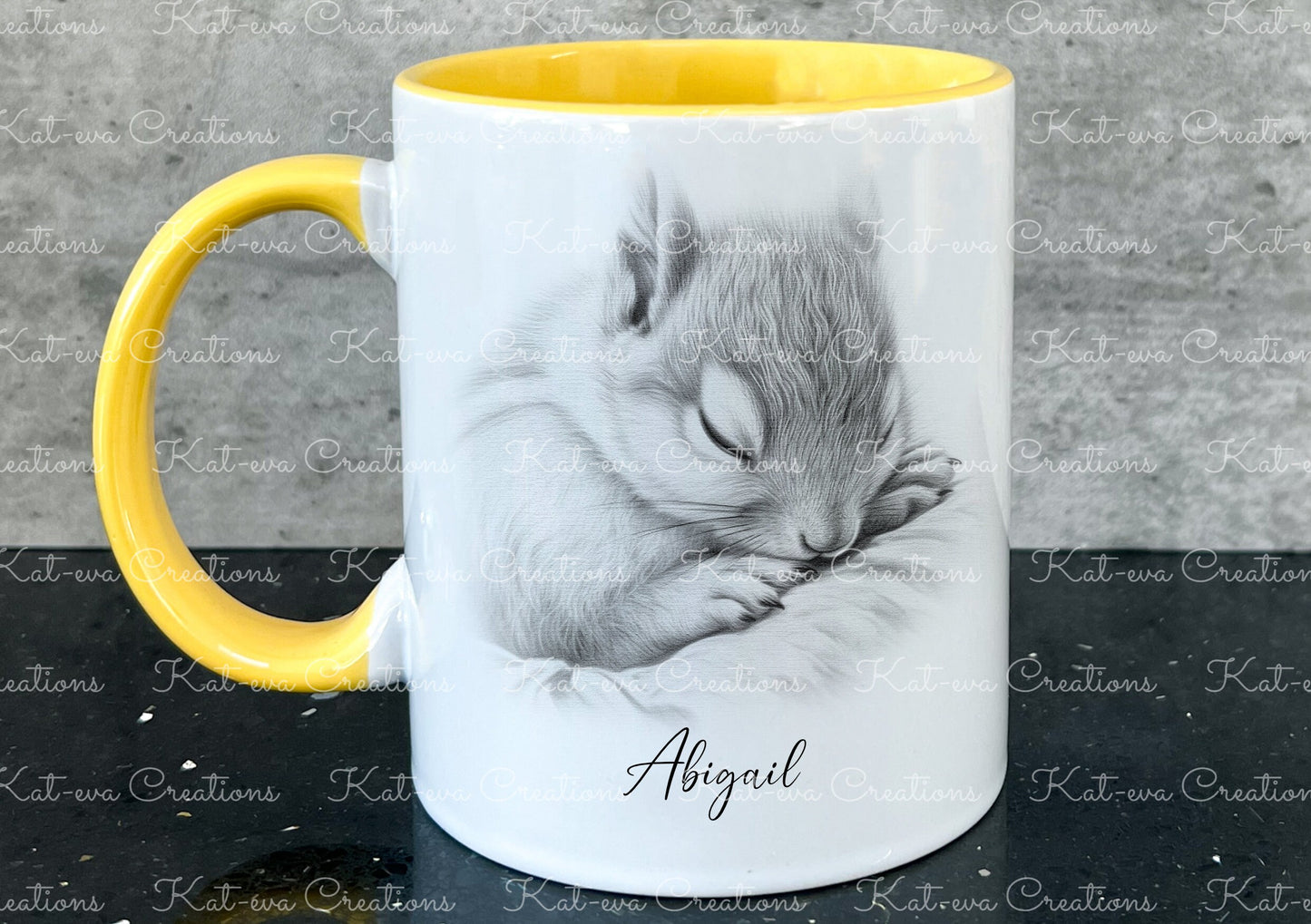 sleeping squirrel mug. Personalised squirrel cup. Ideal gift for Christmas. Birthday, secret santa or stocking filler