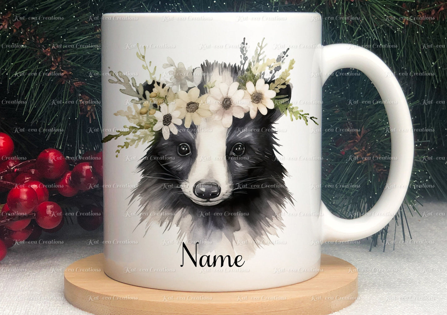 personalised skunk mug. Gorgeous Flower skunk Cup. Ideal for birthday, secret santa, stocking filler or Christmas present
