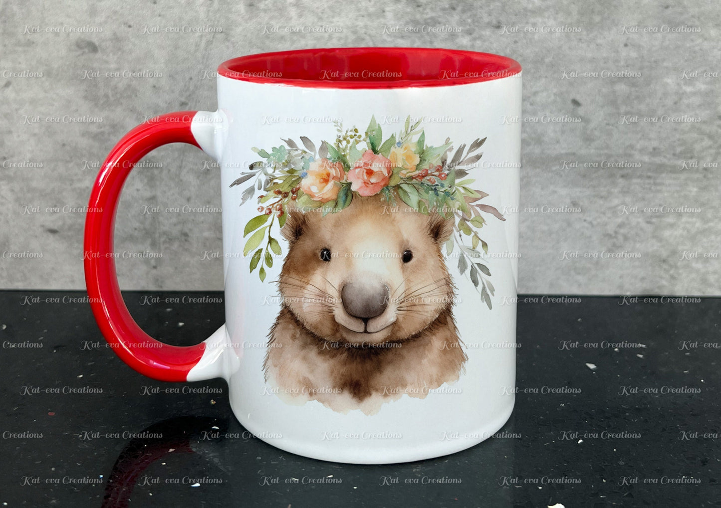 personalised wombat mug. Gorgeous Floral wombat Cup. Ideal for birthday, secret santa, stocking filler or Christmas present