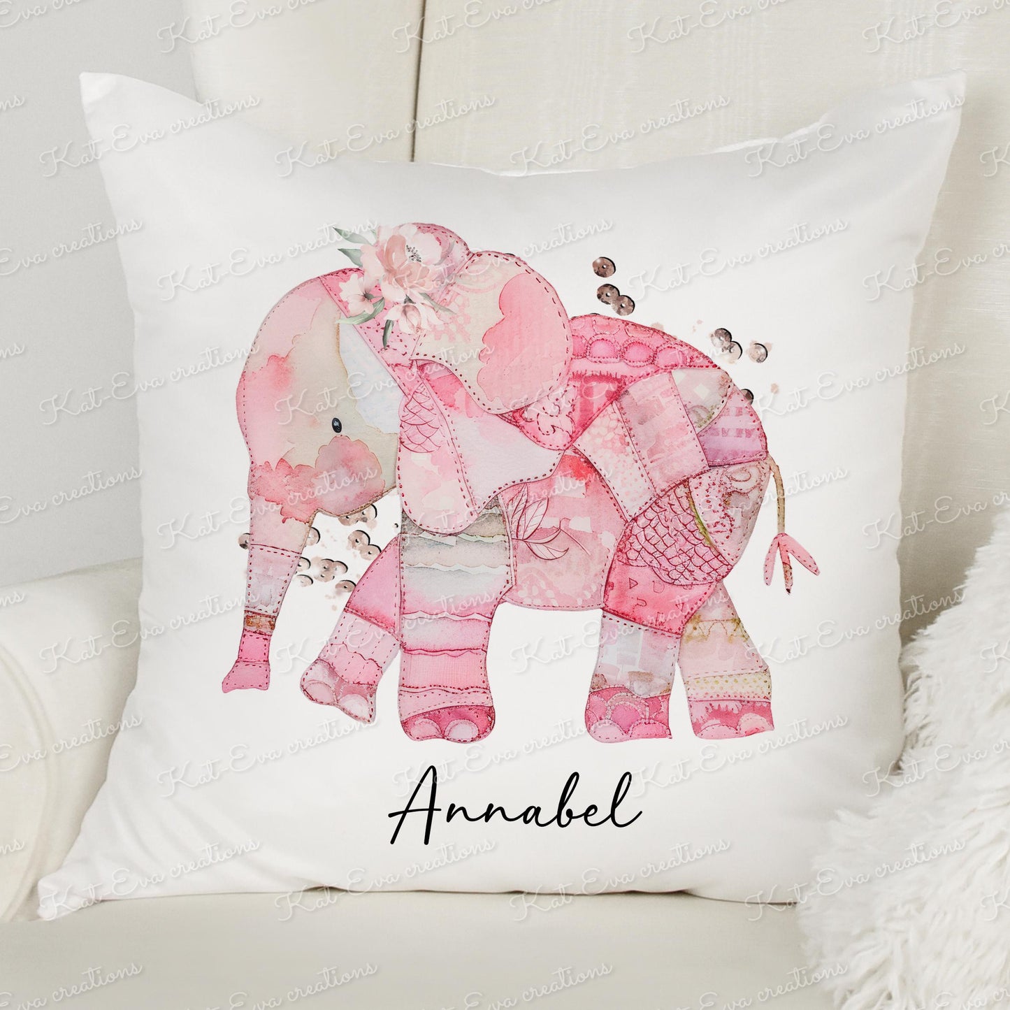 Patchwork elephant cushion. Personalised congratulations pillow. choice of elephant colour. newborn baby girl, baby boy. Birthday gift
