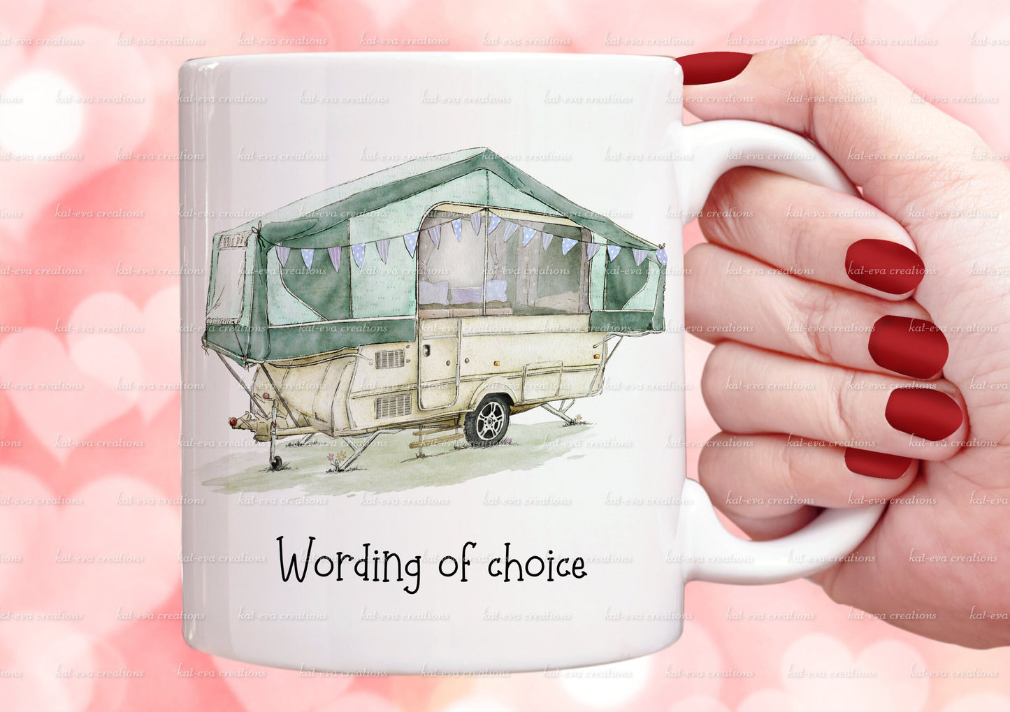 trailer tent mug. personalised vintage trailer tent cup. choice of colours