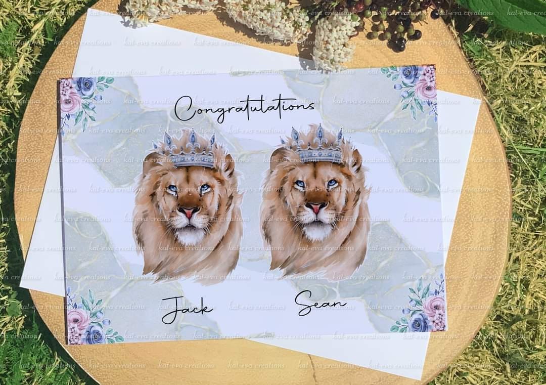 Personalised lion couple card. Ideal for valentine's Day, weddings, engagement or anniversaries